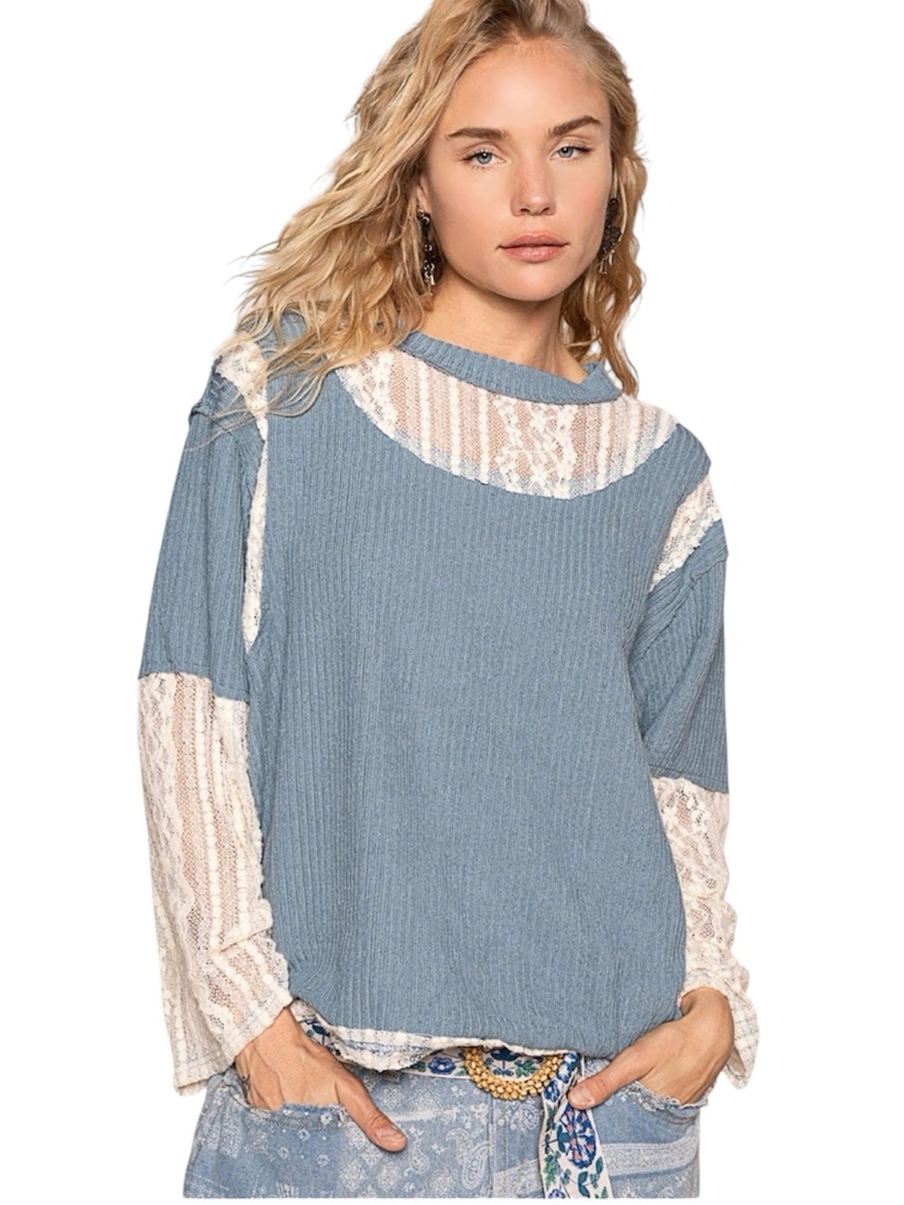 POL Clothing Cornflower Blue Ribbed Knit & Lace Panel Long Sleeve Top Size S